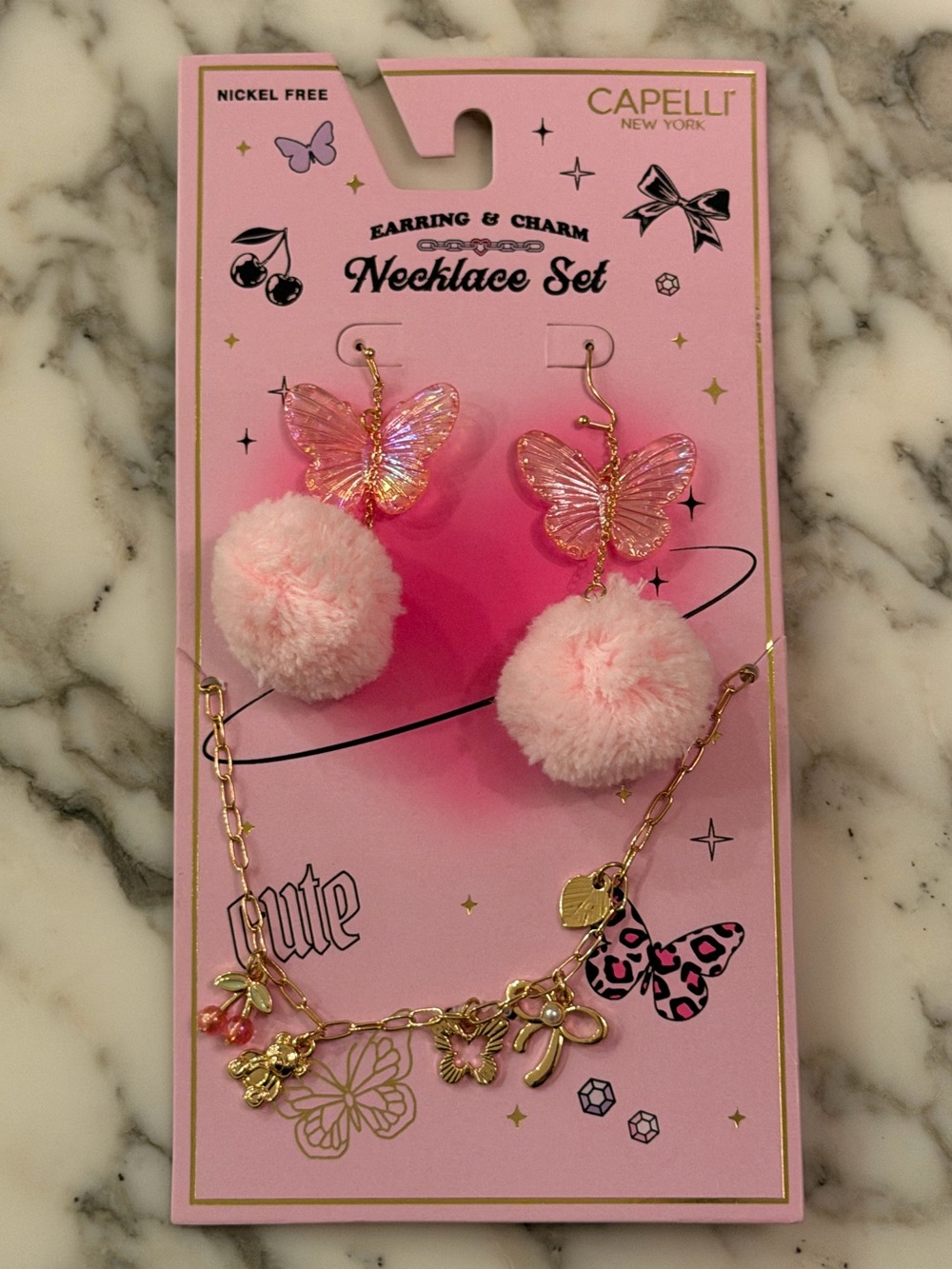 NWT Capelli New York Girls Butterfly Pom Pom Earring & Charm Necklace Set Pink